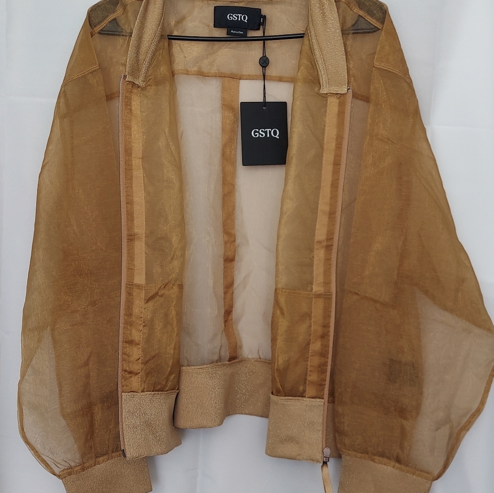 GSTQ Sheer Metallic Gold Jacket Womens Size 3X NWT Travel Vacation Office Preppy - Picture 11 of 16